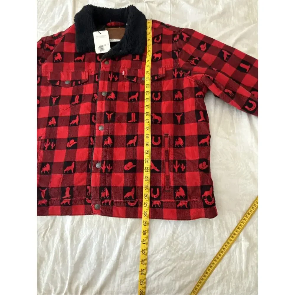 Levi’s Premium Sherpa Trucker Jacket XL Red Plaid Western Print New